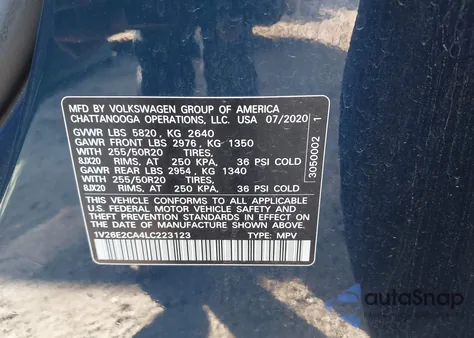 2020 Volkswagen Atlas Cross Sport 3.6L V6 Se W/Technology/3.6L V6 Se W/Technology R-Line z USA, uszkodzony, nr VIN 1V26E2CA4LC223123